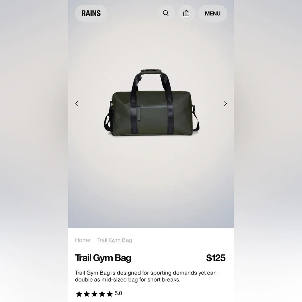 NWT Rains Trail Gym Bag Black Waterproof PU Fabric Mid Size